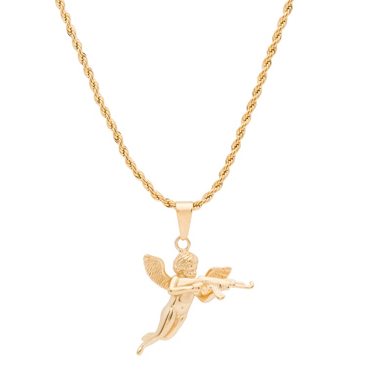 Planet '79 Vintage 18K Cherub Cupid With Gun Pendant Chain Unisex Cupid Necklace Gold Cupid Pendant Boyfriend Girlfriend Gift for him or her