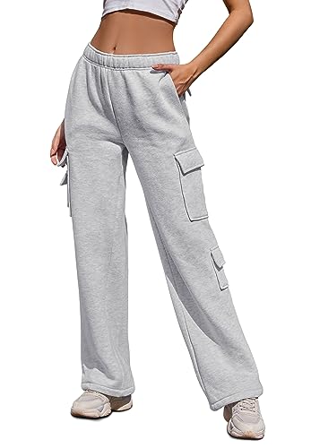 Women Fleece Cargo Sweatpants High Waisted Casual Baggy Joggers Pants(Light Grey, Small)