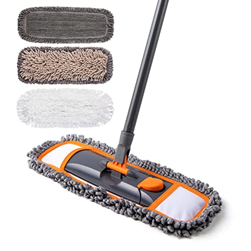 CLEANHOME Mops for Floor Cleaning with 3 Different Washable Mop Pads and Extendable 55” Long Handle, Multifunction Dust Mop for Hardwood,Marble,Tile Floor Mopping,Orange