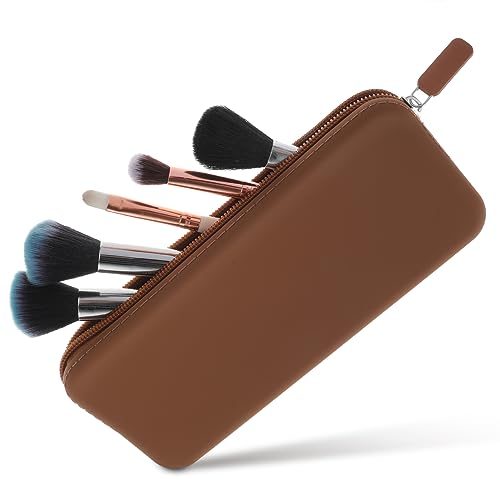cobee Makeup Brush Zippered Pouch, Washable Silicone Cosmetic Brushes Holder Travel Essentials Case Large Capacity Portable Make Up Storage Organizing for Women Travel Toiletries Cosmetic Tool(Brown)