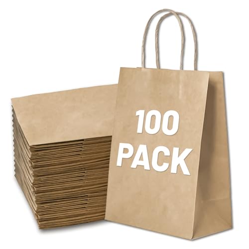 Gift Bags 8.25'X5.9 'X3.15' 100pcs Brown Paper Bags with Handles,Kraft Paper Bags for Small Business Christmas Bulk Bags, Wedding Party Favor Bags,Shopping Lunch Bags, Halloween Trick-or-Treat (Brown)