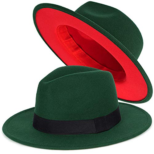 FADACHY Trendy Fedora Hat Wide Brim Felt Panama Hat Dress Fedora Red Bottom Two Tone, Green L Large XL