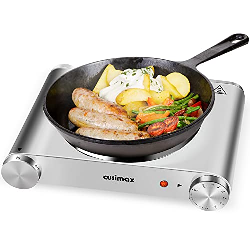 Cusimax Hot Plate Electric Burner Single Burner Cast Iron hot plates for cooking Portable Burner 1500W with Adjustable Temperature Control Stainless Steel Non-Slip Rubber Feet, Upgraded Version