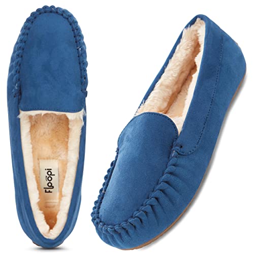 Floopi Women Slippers Moccasins, Soft Faux Fur Lining with Cozy Memory Foam, Ladies House Slippers for Women with Indoor & Outdoor Anti-Skid Sole (11 - Navy)