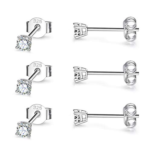 Sterling Silver Stud Earrings for Women Girls Men- 3 Pairs 3mm Tiny Ball Stud Earrings Round CZ Earrings Pearl Earrings Set Cartilage Small Tragus Earrings