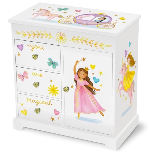 Giggle & Honey Princess Musical Jewelry Box for Girls - Kids Music Box with Drawers, Fairytale Gifts for Girls Birthday, Princess Jewelry Boxes for Ages 3-10 - 9 x 5 x 9.3 in, White