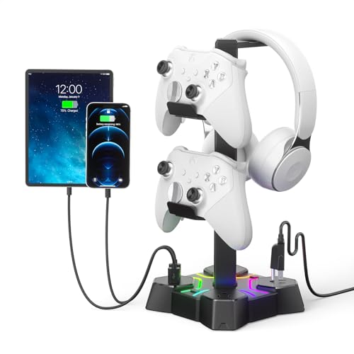 KDD RGB Headphone Stand with USB Charger, Controller Stand for Desk, Headphone Holder with 2 USB Charging Ports and 3 AC Outlets, Accessories for Desktop(Black)