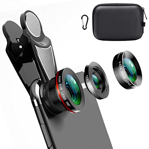 KINGMAS 3 in 1 Universal 198° Fish Eye Lens + 0.63X Wide-Angle Lens + 15X Macro Clip Camera Lens Kit for iPad iPhone Samsung Android and Most Smartphones (Black 3-in-1 (Upgrade))