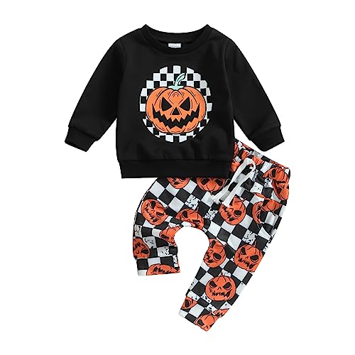 Sprifallbaby My First Halloween Outfit Baby Boy Girl Clothes Sweatshirt Spooky Pumpkin Face Tops Fall Chessboard Pants 2Pcs