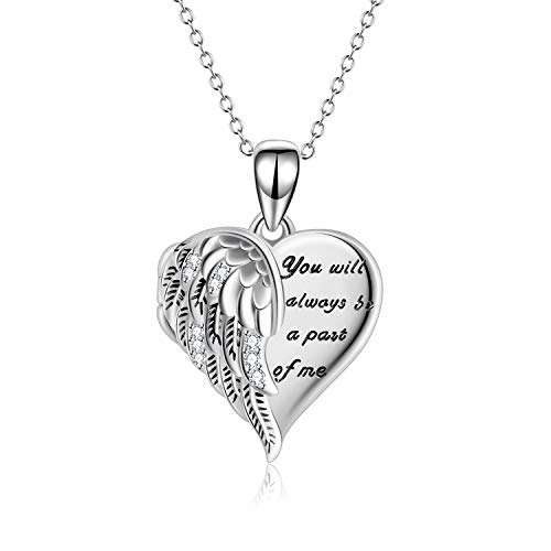 YFN Angel Wings Locket Necklace 925 Sterling Silver Guardian Angel Heart Locket Necklace that Holds Pictures for Women Jewelry