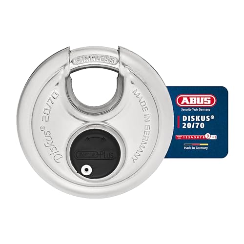 ABUS Diskus 20/70 Heavy Duty Stainless Steel Disk Padlock - Rustproof Circle Storage Lock with 3/8' Shackle - Made in Germany - Keyed Different