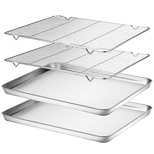 Wildone Baking Sheet & Rack Set [2 Sheets + 2 Racks], Stainless Steel Cookie Pan with Cooling Rack, Size 16 x 12 x 1 Inch, Non Toxic & Heavy Duty & Easy Clean