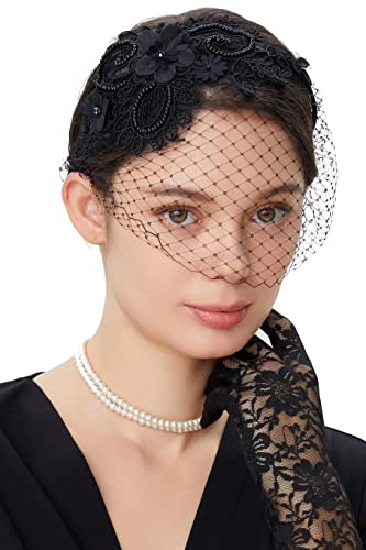 BABEYOND Bridal Wedding Veil Fascinator Mesh Lace Headband Tea Party Flower Fascinator Funeral Hats for Women Black