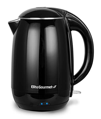 Elite Gourmet EKT1821 1.8L Double Wall Insulated, Cool-Touch 1500W Kettle w/Stainless Steel Interior & Lid, 360° Swivel Base for Cord Free Serving, Power On Lever, Auto Shut-Off, Boil Dry, Black
