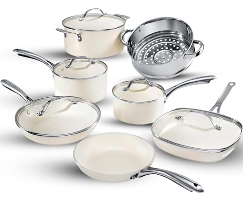 Gotham Steel 12 Pc Ceramic Pots and Pans Set Non Stick, Kitchen Cookware Sets, Pot and Pan Set, Ceramic Cookware Set, Non Toxic Cookware Set, Non Stick Pots and Pan Set, Dishwasher Safe - Cream White…