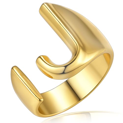 Chunky Gold Letter Ring with Initial J, GoldChic Jewelry 14k Gold Plated Adjustable Statement Rings for Rocker