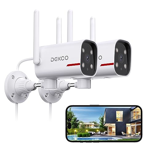 DEKCO 2 Pack Outdoor Security Camera with 2K Color Night Vision, Pan Rotating 180° Wired WiFi Camera Support 24/7 Recording, 2.4&5G WiFi, AI Human Auto Tracking, Work with Alexa/Google Assistant