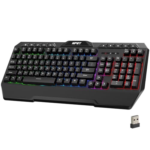 NPET K32 Wireless Gaming Keyboard RGB with Wrist Rest, RGB LED Backlit, Long-Lasting Rechargeable Battery, Quiet Water Resistant Ergonomic Keyboard - Teclado Gamer - PC PS5 PS4 Xbox One Mac - Black