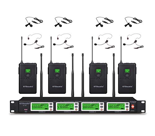 GTD Audio 4x800 Adjustable Channels UHF Diversity Wireless Cordless Lavalier/Lapel/Headset Microphone Mic System 400fts (4 Body Packs)