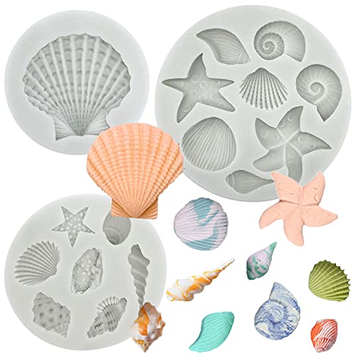 3 PCS Marine Theme Cake Fondant Silicone Mold Seashell Conch Starfish Coral Baking Molds for DIY Cake Decoration Chocolate Candy Polymer Clay Crafting Projects