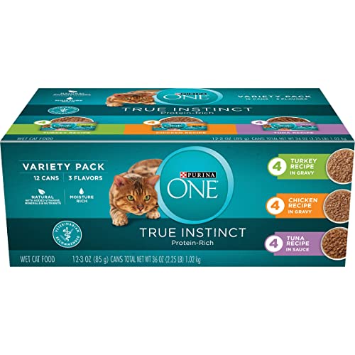 Purina ONE Natural, High Protein Wet Cat Food Variety Pack, True Instinct Turkey, Chicken and Tuna Recipes - (Pack of 2 Packs of 12) 3 oz. Cans