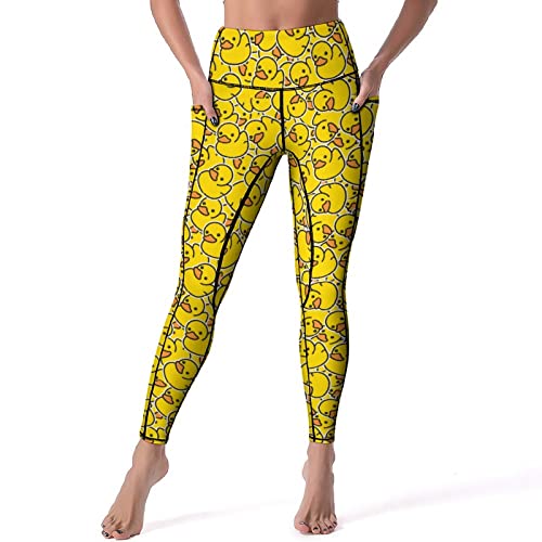 PIOKNGY Rubber Duck Pattern High Waist Yoga Pants for Women with Pockets, Tummy Control Running Sports Workout Yoga Leggings M