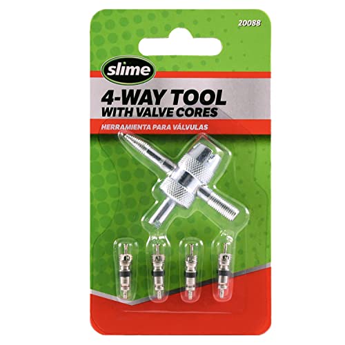 Slime 20088 Valve Tool, 4-Way, Plus Valve Cores for All Types of Tire