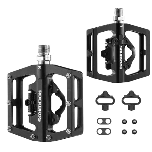 ROCKBROS MTB Mountain Bike Pedals Compatible with SPD Mountain Bike Dual Function Sealed Clipless Aluminum Bicycle Flat Platform 9/16' Pedals with Cleats for Road, MTB, Mountain Bikes