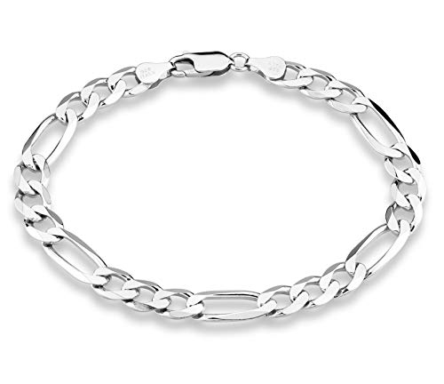 Miabella 925 Sterling Silver Italian 7mm Solid Diamond-Cut Figaro Link Chain Bracelet for Men, Made in Italy (Length 8 Inches)