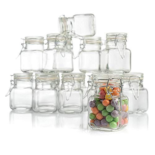 (3 oz) Small Square Glass Jars with Airtight Round Lids, Empty Spice Containers with Labels, Leak Proof Rubber Gasket and Hinged Lid, Chalkboard Label & Marker Included, For Home or Kitchen (12 Pack)