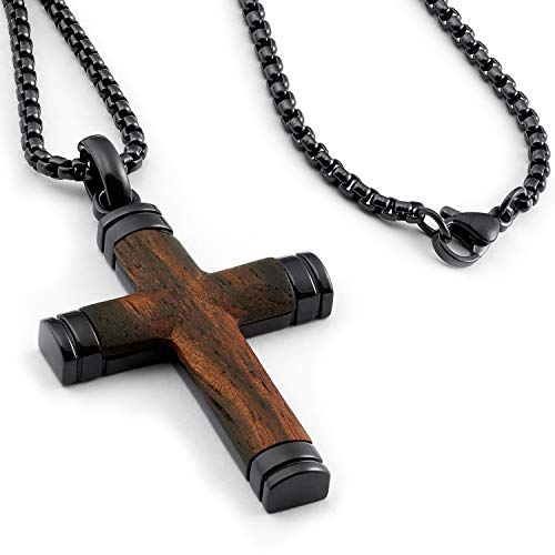 Metal Masters Co. Black Stainless Steel Cross Pendant, Real Santos Wood Free Necklace 24' Round Box Chain
