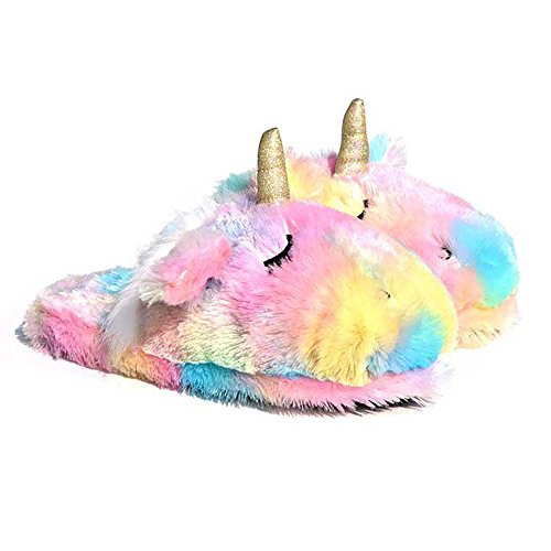 Stuffed Animal Unicorn Slippers | Cute Rainbow Llama Plush Slippers | Alpaca Plush Home Shoes | Fluffy Girls Slippers (7-8 US Women, Rainbow Unicorn)