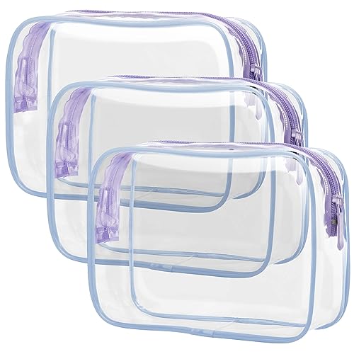 PACKISM Clear Toiletry Bag - 3 Pack TSA Approved Toiletry Bag Quart Size Bag, Travel Makeup Cosmetic Bag for Women Men, Carry on Airport Airline Compliant Bag, Purple