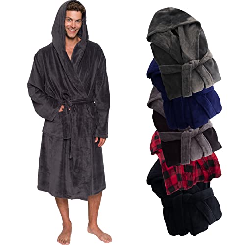 Ross Michaels Mens Robe Hooded Wrap Style - Mid Length Plush Fleece Bathrobe (Gray, Large/X-Large)