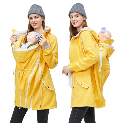 MaisMa 4-in-1 Rain Jacket Waterproof Maternity Carrying Parka for Back or Chest Wear, All-Weather, Softshell Jacket (Yellow, M)