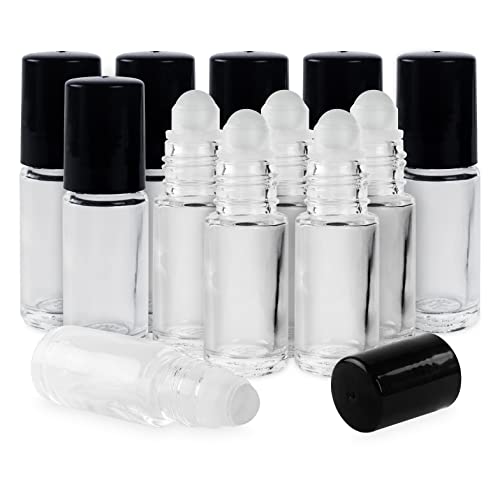 Super Z Outlet Clear (1/6 Oz/5 ml) Plain Glass Container Tubes Roll-On Bottles with Ball Tips and Black Caps for Homemade Lip Care Products, Essential Oils, Cosmetic Gift, Perfumes (24 Pack)