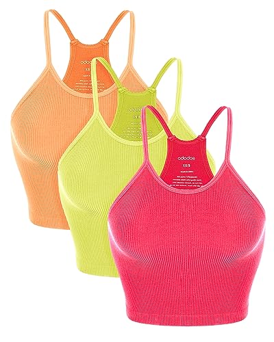 ODODOS Women's Crop 3-Pack Washed Seamless Rib-Knit Camisole Crop Tank Tops, Neon Pink Green Orange, Medium/Large