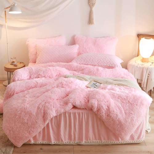 HAIHUA Fluffy Pink Comforter Cover Queen Set，Faux Fur Pink Bedding Sets Queen 3 Pieces(1 Plush Duvet Cover +2 Shaggy Pillowcases) Fuzzy Pink Bed Set, (Pink, Queen)