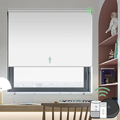 Yoolax Motorized Blind Shade for Window with Remote Control Smart Blind Shade Compatible with Alexa Motorized Roller Shade Blackout Battery Solar Powered Blind Custom up 98''W X 138''H (Vinyl-White)