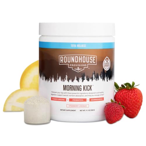 ROUNDHOUSE PROVISION by Chuck Norris Morning Kick, Greens Superfood Powder Supplement with Ashwaganda, Collagen, Probiotics, Supports Energy Levels, 30 Servings (Strawberry Lemonade)