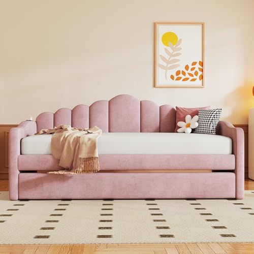 BIADNBZ Upholstered Twin Size Daybed with Trundle,Velvet Bedframe with USB Charging Ports and Pocket for Bedroom,Pink