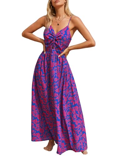 CUPSHE Women's V Neck Knotted Floral Print Sleeveless Lace Up A Line Maxi Dress Blue Floral, L