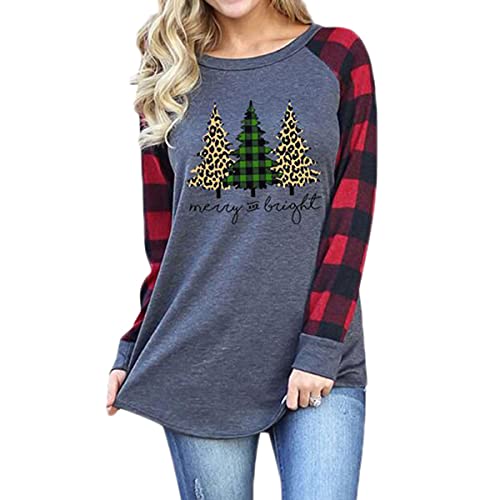 Merry Christmas Leopard Tree T Shirts Womens Plaid Splicing Long Sleeve Raglan Baseball Tees Tops(4103-Trees L)