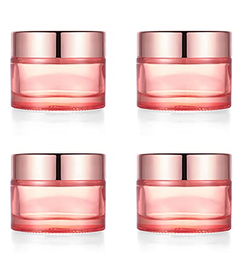 Furnido Pink Glass Cream Jar,4 Pack 1.7 oz/50g Face Lotion Jar Pot,Empty Refillable Glass Cosmetic Cream Bottle Container With Rose-Golden Cover,Inner Liners for Moisturizer,Eyeshadow,Makeup Emulsion