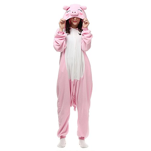 Wishliker Unisex Adults Halloween Costumes Onesie Animal Outfit Sleepwear Pink Pig