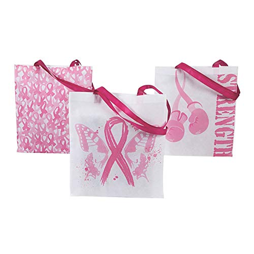 Fun Express Large Pink Ribbon Reusable Tote Bags (set of 12) Breast Cancer Awareness Supplies, 12' x 17' Tote