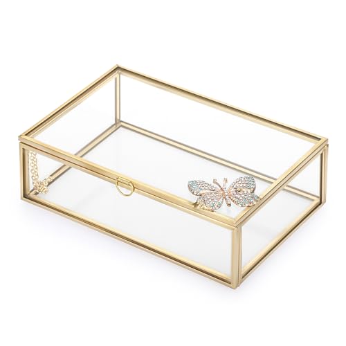 Hipiwe Gold Glass Photo Box - Vintage Photo Storage Organizer Butterfly Trinket Box Jewelry Display Organizer Keepsake Box Case Home Decor Gift for Girl Women (4 * 6 inch)