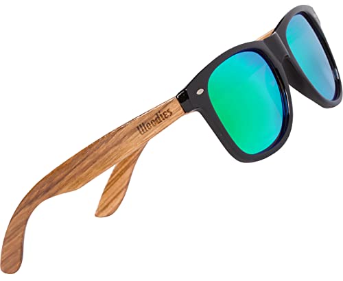 Woodies Zebra Wood Sunglasses with Green Mirrored Polarized Lens and Real Wooden Frame for Men and Women | 100% UVA/UVB Protection