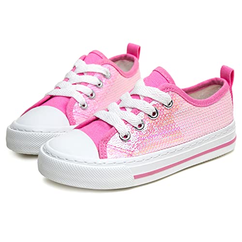 Toandon Girls Kids Sneakers Glitter Sequins Canvas Shoes Toddler Child Glitter Sparkle Low Top Lace Up Non Slip Lightweight Walking Outdoor Pink Size 11