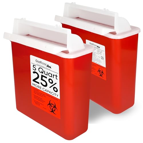 Oakridge Products Sharps Container for Home Use and Professional 5 Quart (2-Pack), Biohazard Needle and Syringe Disposal, Mailbox Style Lid, CDC Certified